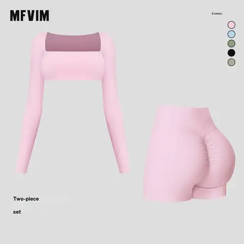 MFVIM Women's 2-Piece Solid Streetwear Tracksuit Set - Long Sleeve Square Neck Crop T-Shirt, High Waist Short Leggings, Matching Workout Sets for Yoga, Gym, Back to School