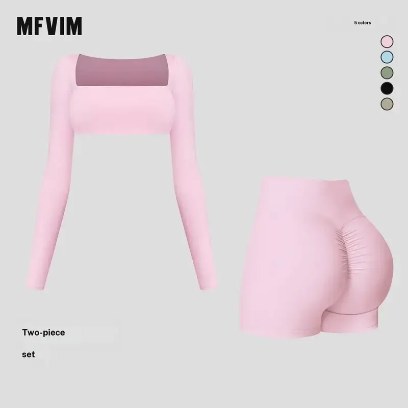 MFVIM Women's 2-Piece Solid Streetwear Tracksuit Set - Long Sleeve Square Neck Crop T-Shirt, High Waist Short Leggings, Matching Workout Sets for Yoga, Gym, Back to School