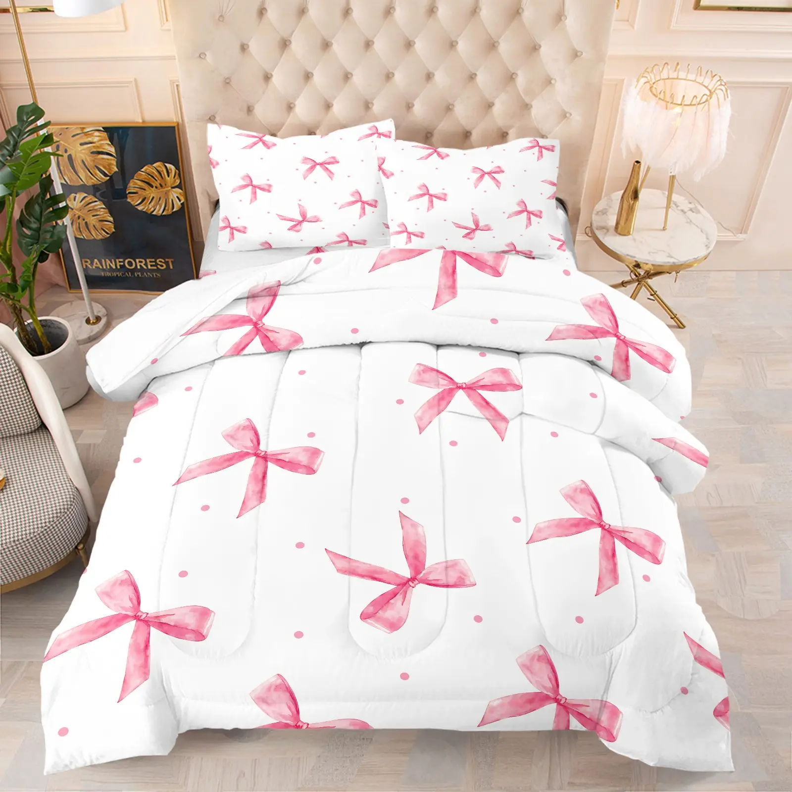 Watercolor Pink Bow Polka Dot White Comforter Set, 1 Comforter + 1-2 Pillowcases, Durable Soft Comfy Washable Bed Set, Cute Coquette Pink Ribbon Print Bedding Sets, Minimalist Fresh Light Style, All Season Decor for Teen Girls