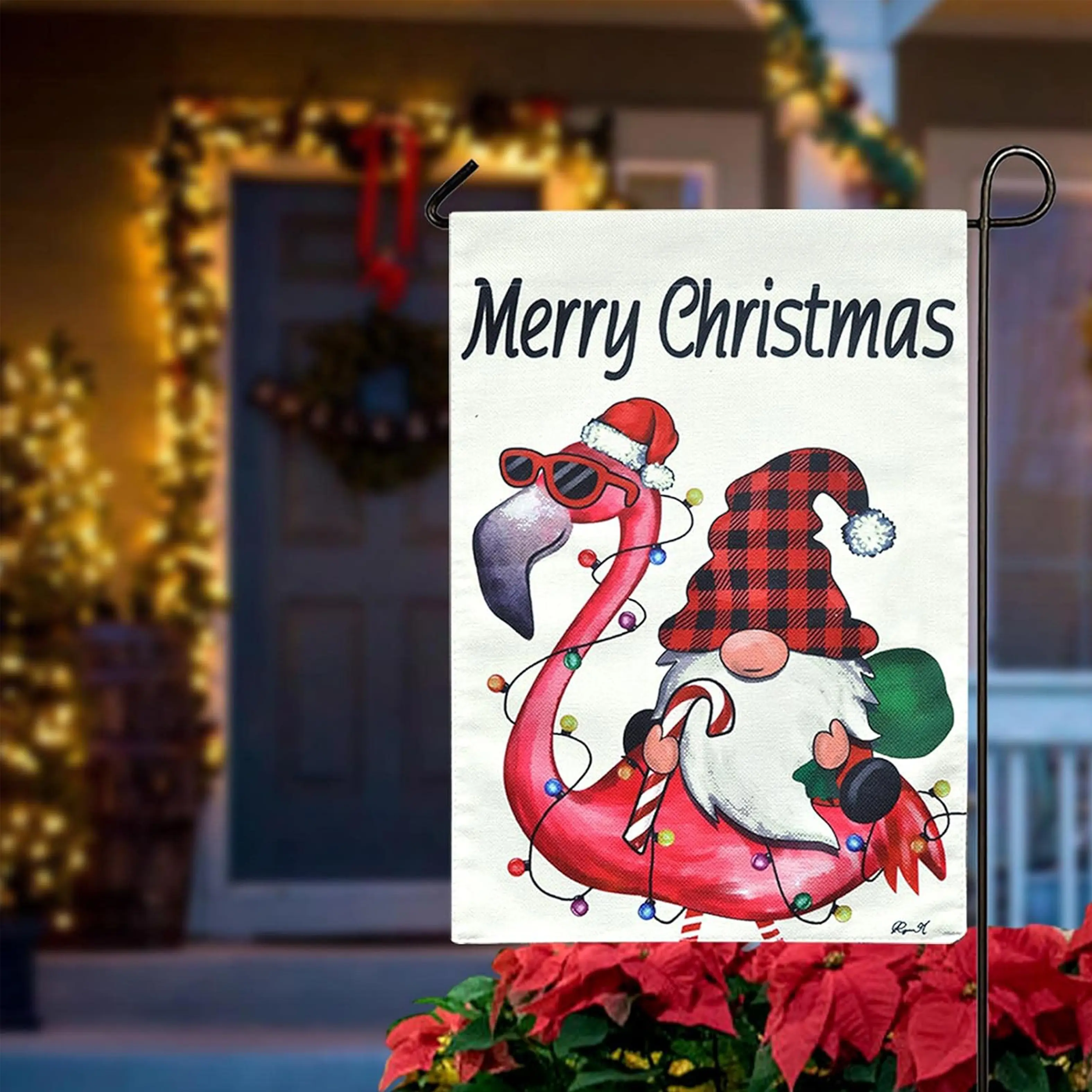 Festive Christmas Welcome Garden Flag - Double-Sided, Durable Polyester With Xmas Gnome & Flamingo Design, Colorful Lights For Holiday Cheer, Perfect For Home & Yard Decor (Flag Only)