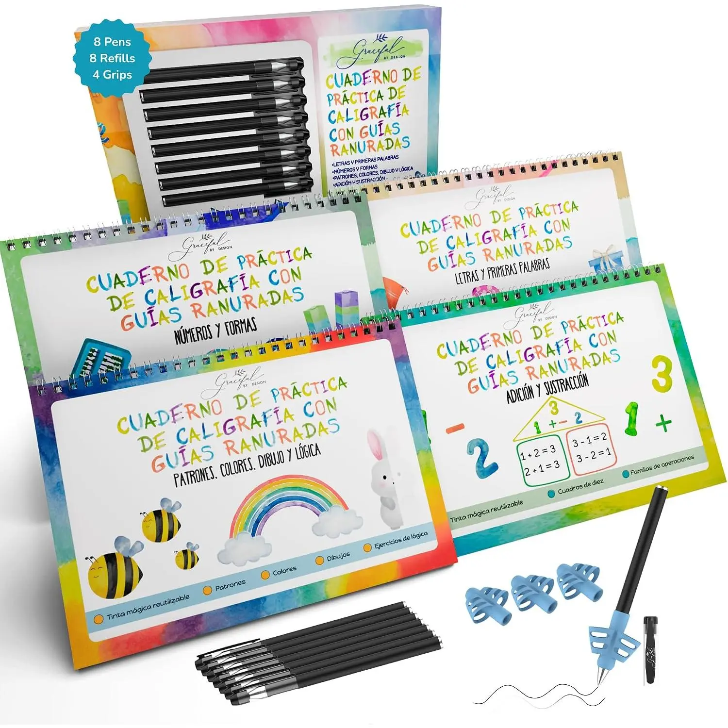 Grooved Handwriting Practice Books for  3-7 in Spanish |  Letter Tracing with Mess-Free Disappearing Ink | Teacher-ed | Magic Grooved Writing Practice Books | Full Set