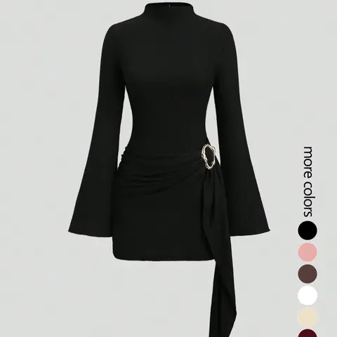 Women's Stand Collar Cinched Waist Minimalist Elegant Flare Sleeve Bodycon Midi Dress