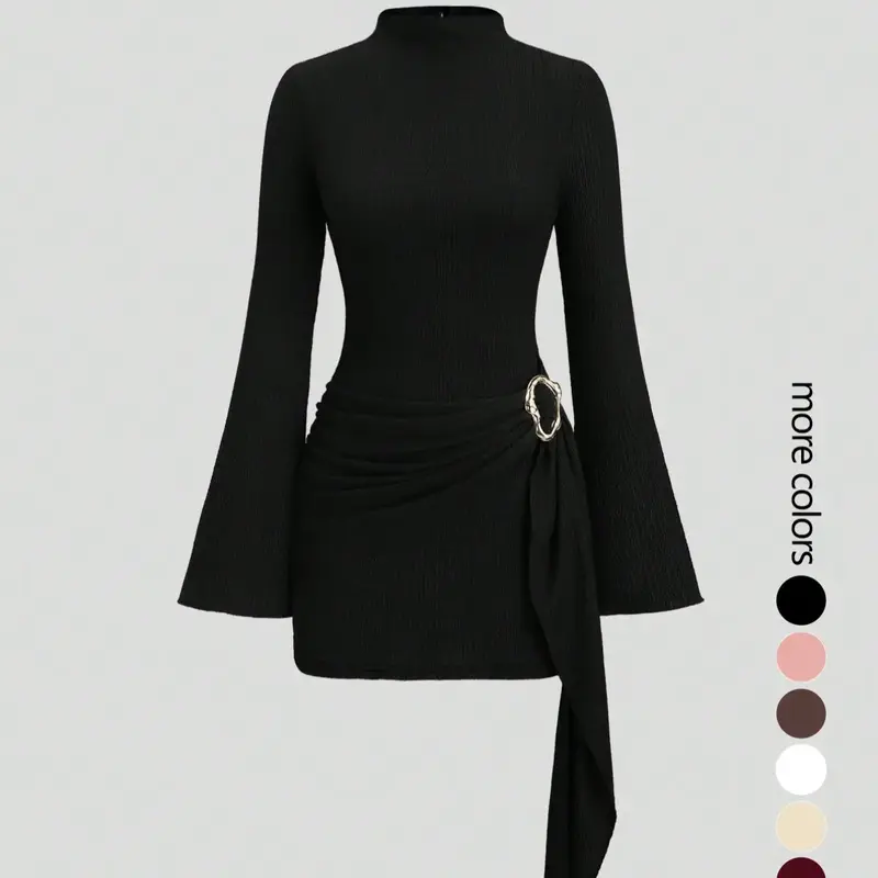 Women's Stand Collar Cinched Waist Minimalist Elegant Flare Sleeve Bodycon Midi Dress