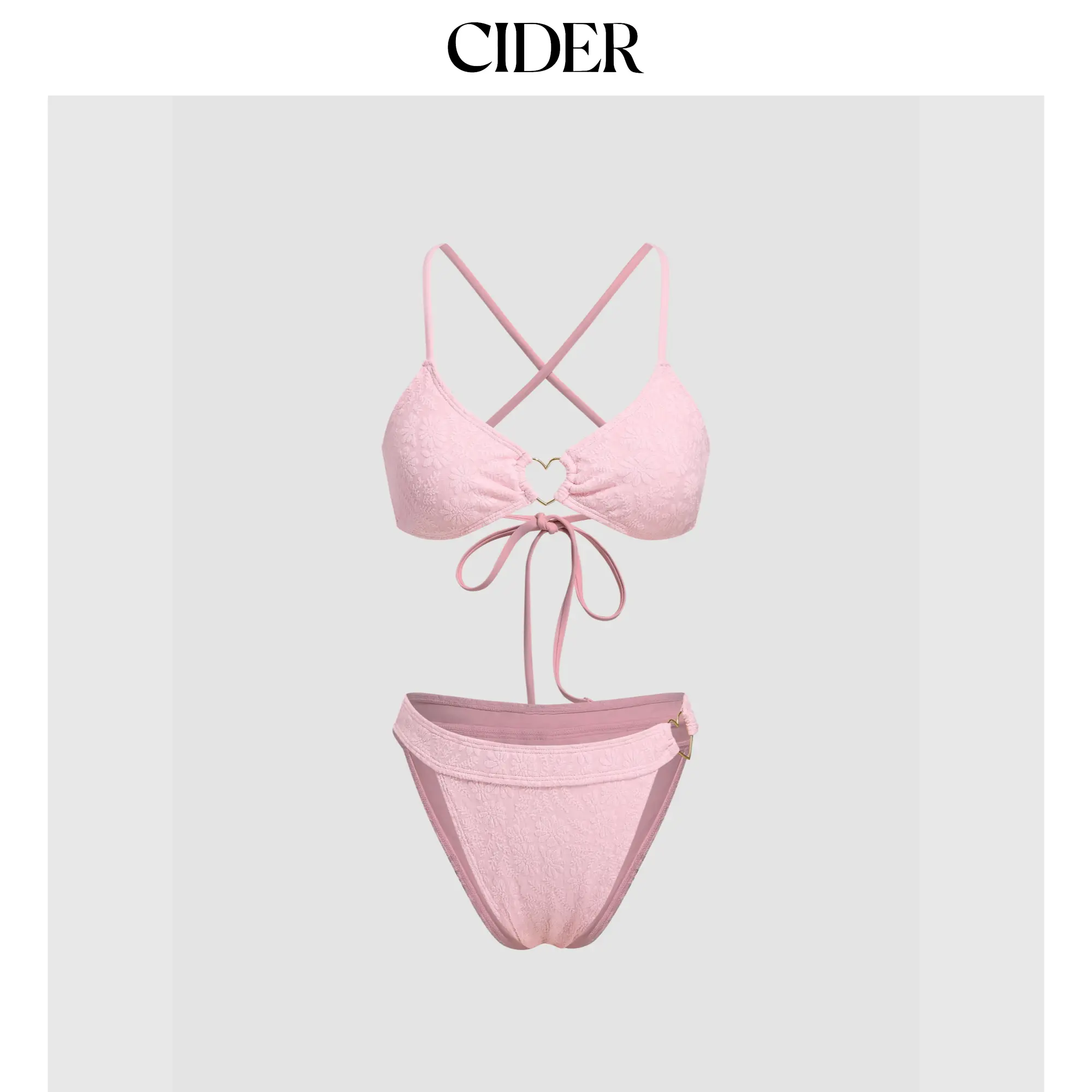 Cider Floral Texture Heart Linked Criss Cross Bikini Swimsuit