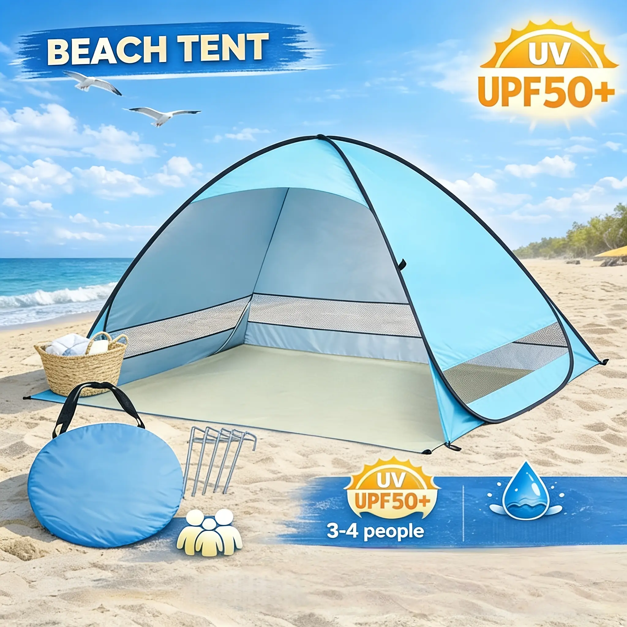 Portable No-Assembly Beach Tent, Outdoor Tent, Fully Automatic 2-Second Quick Setup, with Mesh Windows, Suitable Beach, Camping, and Outings