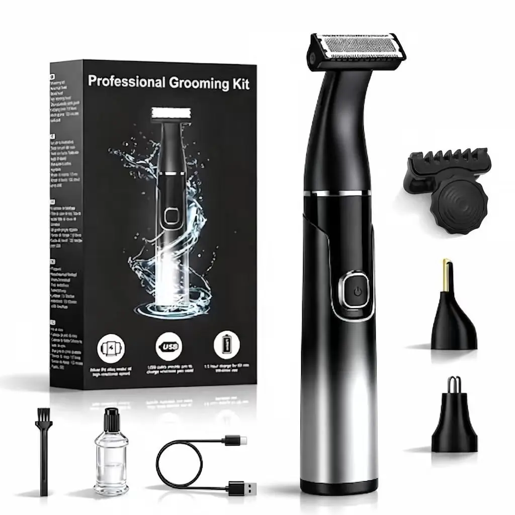 Largner 3-In-1 Professional Grooming Kit, Electric Shaver Set with LED Display, 3 Detachable Heads, Cleaning Brush, Oil Bottle, USB Cable, Battery Powered Trimmer
