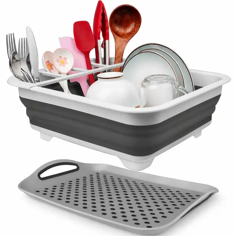 Collapsible Square PP-TPR Plastic Dish Drying Rack Organiser - BPA-Free, Lightweight Durable Frame, Drainboard for Sink Drainage, Compact Storage Kitchen Accessory for Small Kitchens, RV Living