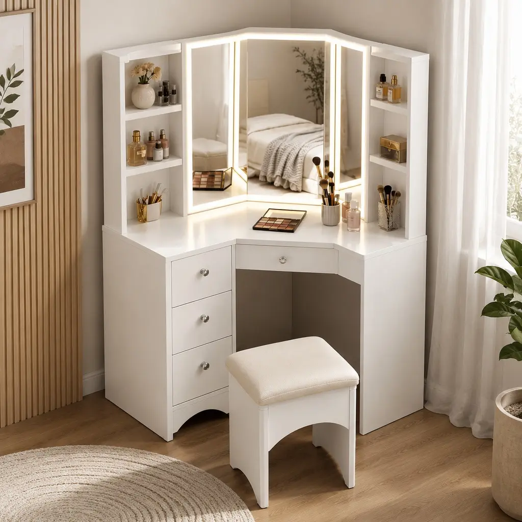 ARCH Furniture White Modern Corner Makeup Vanity Desk Set - Mirrored Dressing Table, Trifold Design, Engineered Wood, Chair, 360-Degree Adjustable High-Bright Soft Light, Storage Shelving, 55.90 in. x 37.00 in. x 37.40 in. for Small Spaces