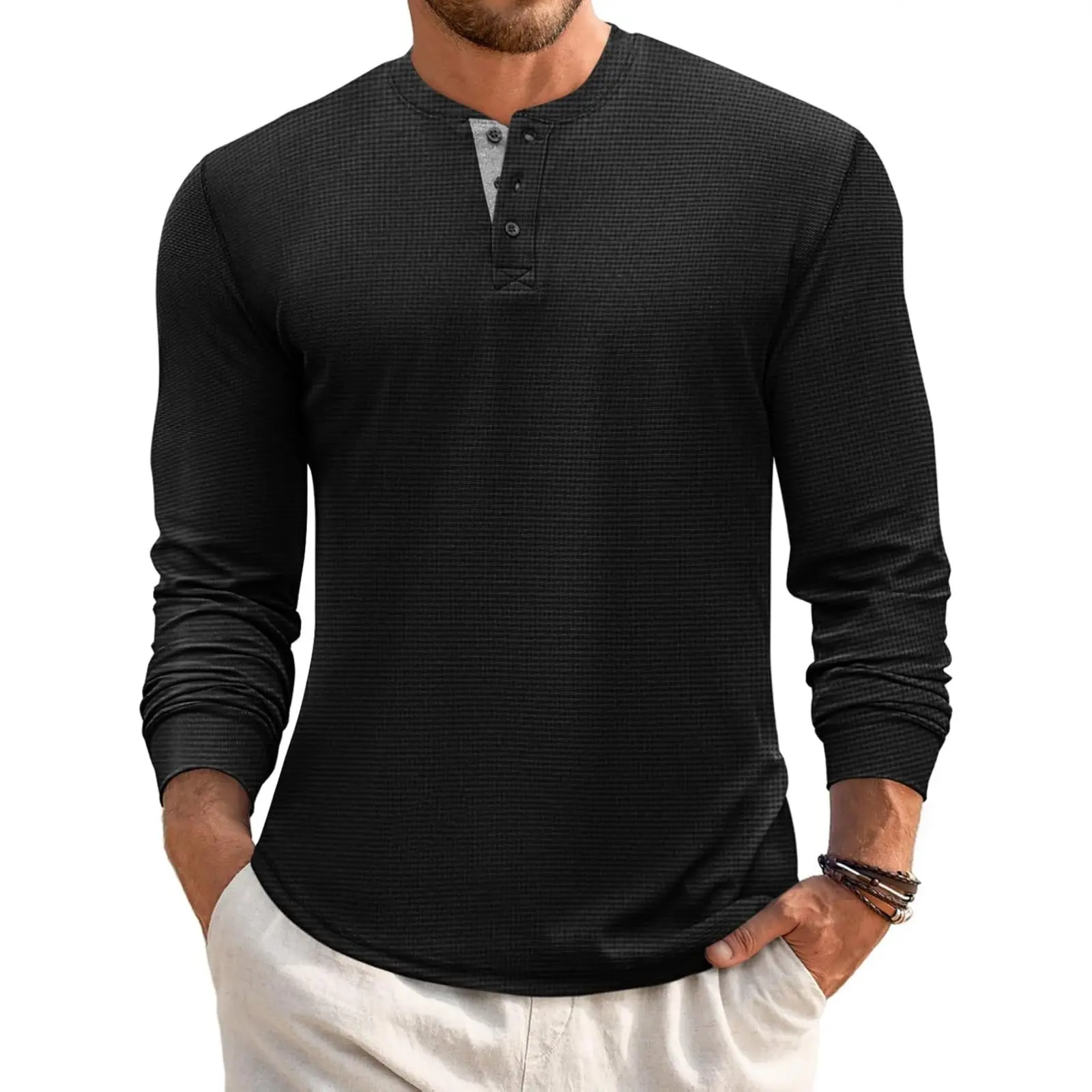 Aoysky Mens Henley Long Sleeve Shirts Waffle Button Casual Basic Lightweight Tops
