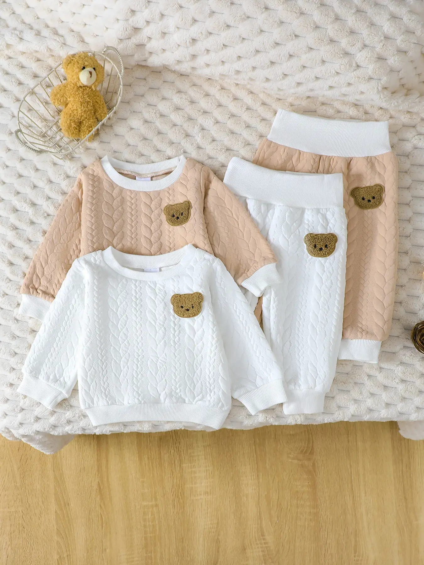 4pcs Baby Knit Set with Bear Pattern, Long Sleeve Top and Pants, Cozy Fall Winter, Perfect Gift for Boys and Girls