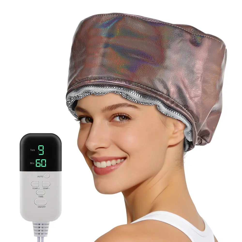 Oatmeal PU Leather Evaporation Cap Heating Cap,EU & US Plug Optional, 9 Temperature Settings 45-65°c, 5 Timer, Detachable Inner Liner, Full Waterproof Hair Care Hat