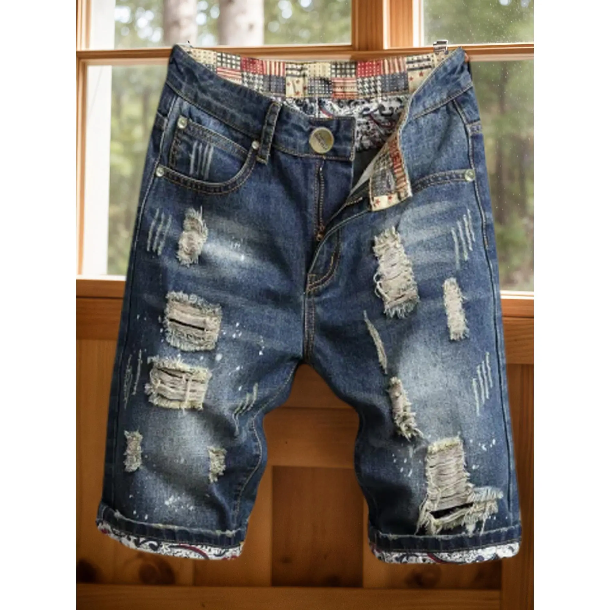 Men's ripped jeans Distressed ripped slim straight-leg jeans Stylish shorts Trendy loose-fittingripped straight-leg mid-calf pants men Slim-fit jeans Durable fabric