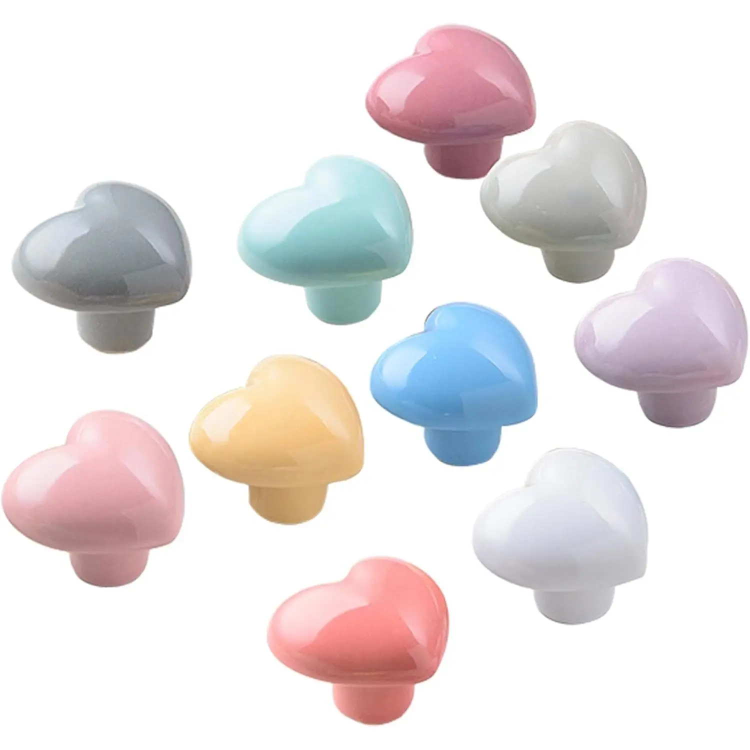 Ceramic Drawer Knobs Heart Shape Colorful Heart Cabinet Dresser Pulls Handles with 3 Sized Screws, Kitchen Furniture Knobs for Closet Cupboard Wardrobe (Mixed Color, 10 Pack)
