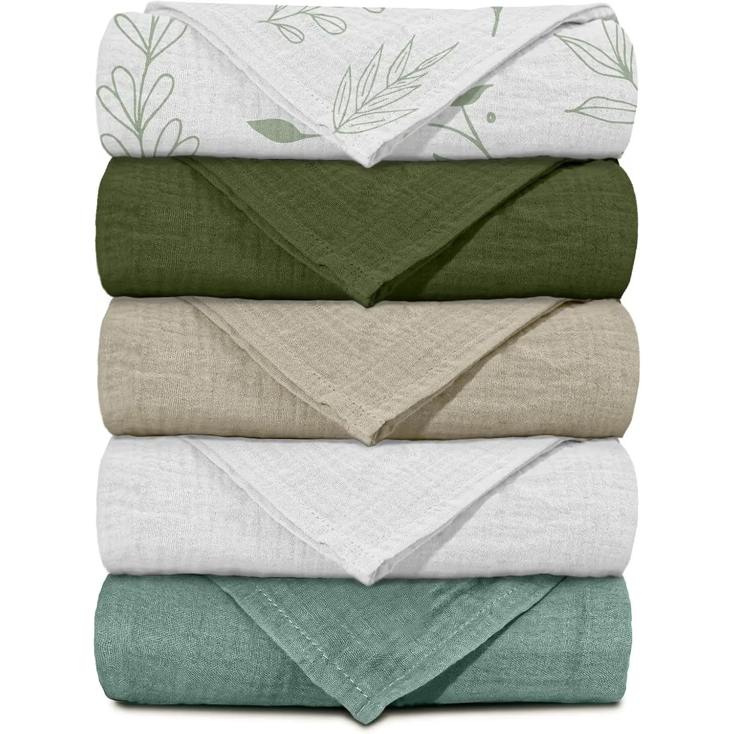 Muslin Receiving Blankets, Neutral Blanket SwAaddling for Newborn Boys and Girls, 5 Pack Breathable and Skin-Friendly Swaddle Wrap for Infant Baby (Bright Leaves)