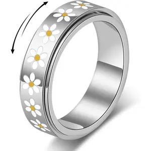 Fidget Ring for Anxiety Relief - 18K Gold Plated Spinner Band for Stress Relief,Stainless Steel Statement Flower Ring for Women,Thoughtful Gift for Birthday Valentine's Day,Size 6-10fidget toys