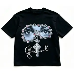 Unisex Gothic Smooth T-Shirt - Gemstone-Surrounded Eyes, Ornate Cross Print, Retro Dark Aesthetic Script Letters, Short-Sleeve Casual Street Top with Straps for Love & Alternative Sports Outfit
