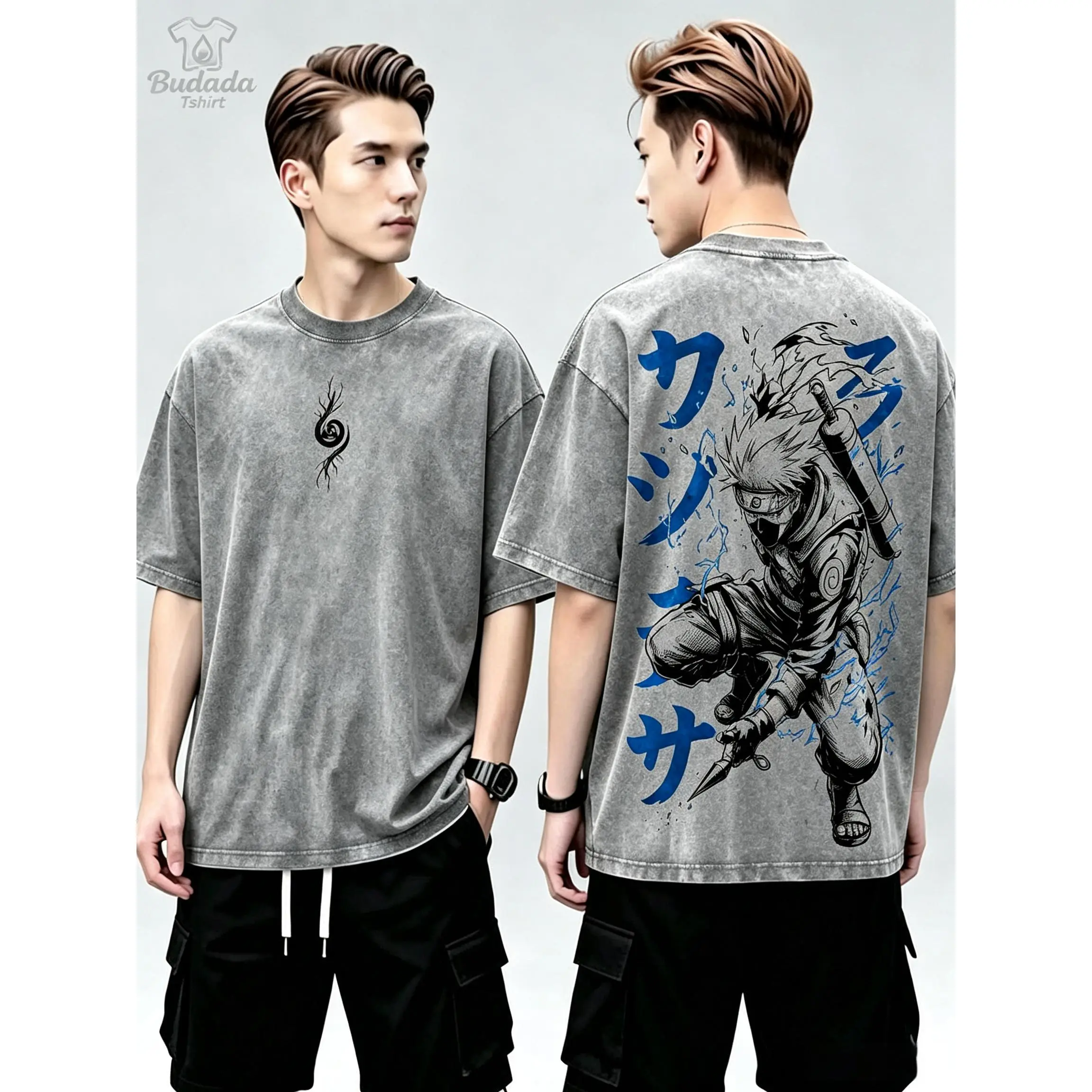 Kakashi Hatake Washed Tee – Naruto Anime Sharingan Copy Ninja Hidden Leaf Shinobi Streetwear Heavy Cotton Double Printed Graphic T-Shirt Unisex Oversize Men's  Funny  Tee Father's Day Gift