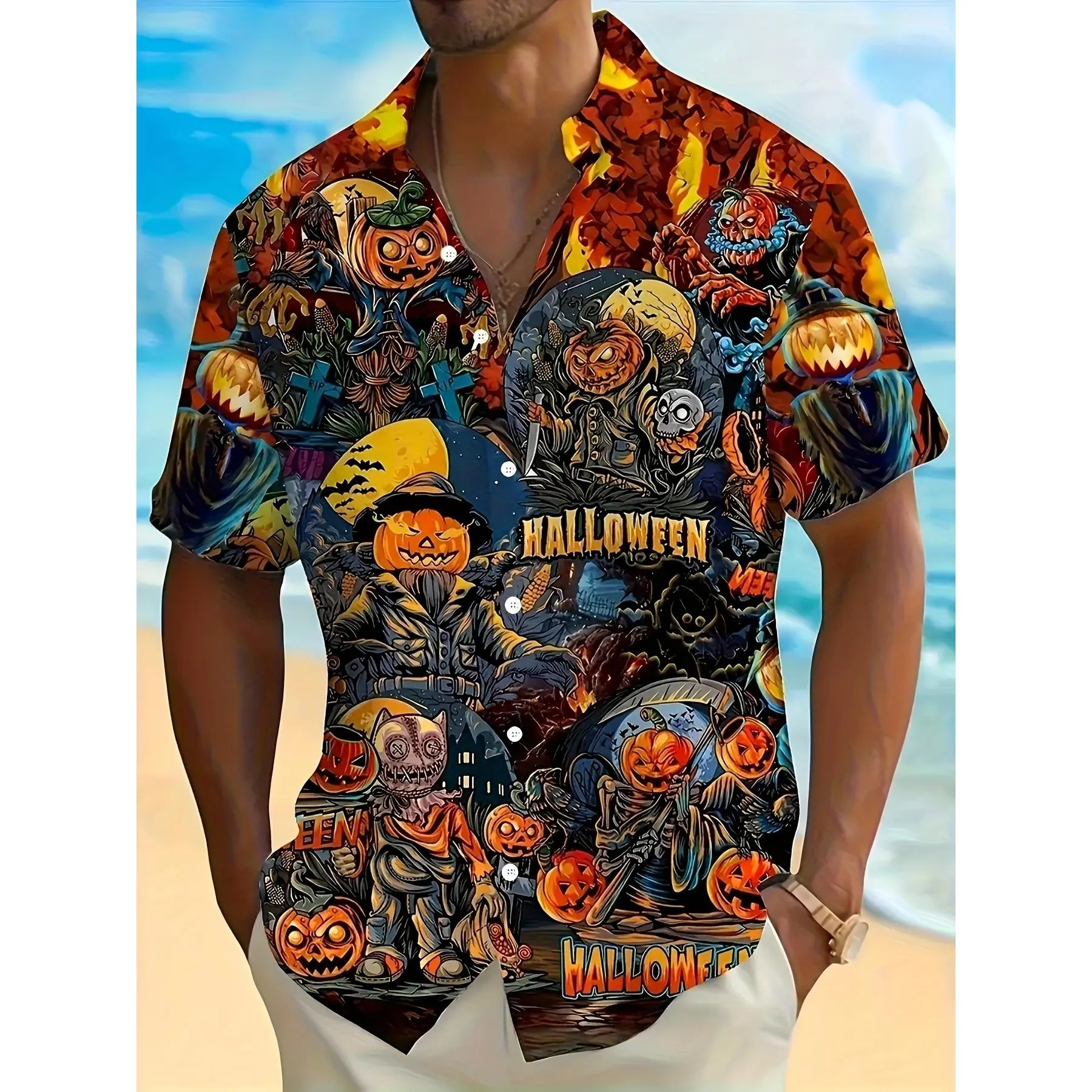 Men's Halloween Scarecrow Jack O Lantern Skeleton Hawaiian Shirt Pumpkin Haunted House Bat Print Short Sleeve Button Down Spooky Camp Collar Party Shirt