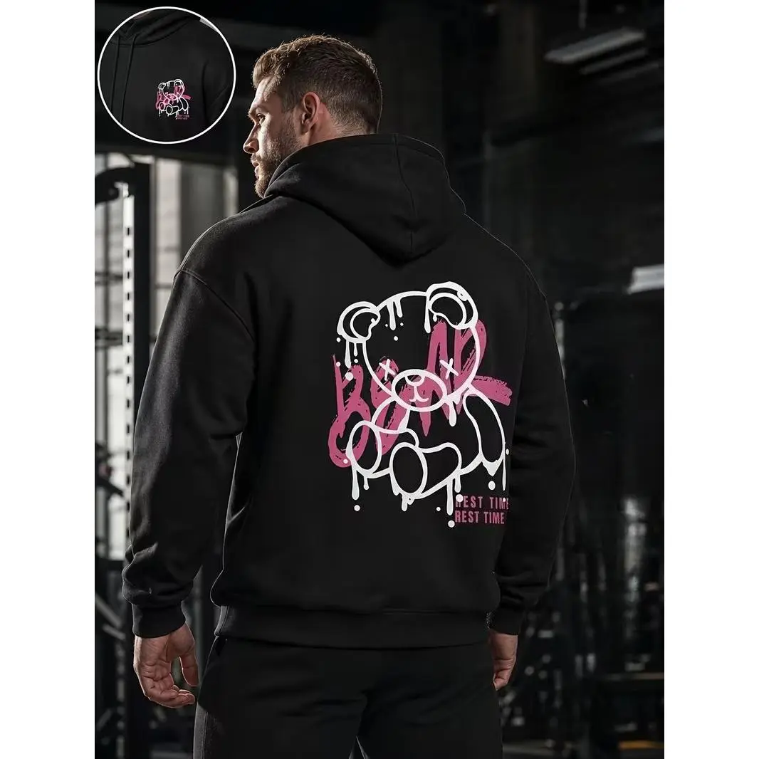 Cute Drip Bear Graphic Oversized Cotton Hoodie, Comfort Fashion Outfit, Pink White Graffiti Bear Sweatshirt, Ideal Valentine Gift For Her, Best Holiday Present For Friends Family, Trendy Streetwear Pullover Hooded Top