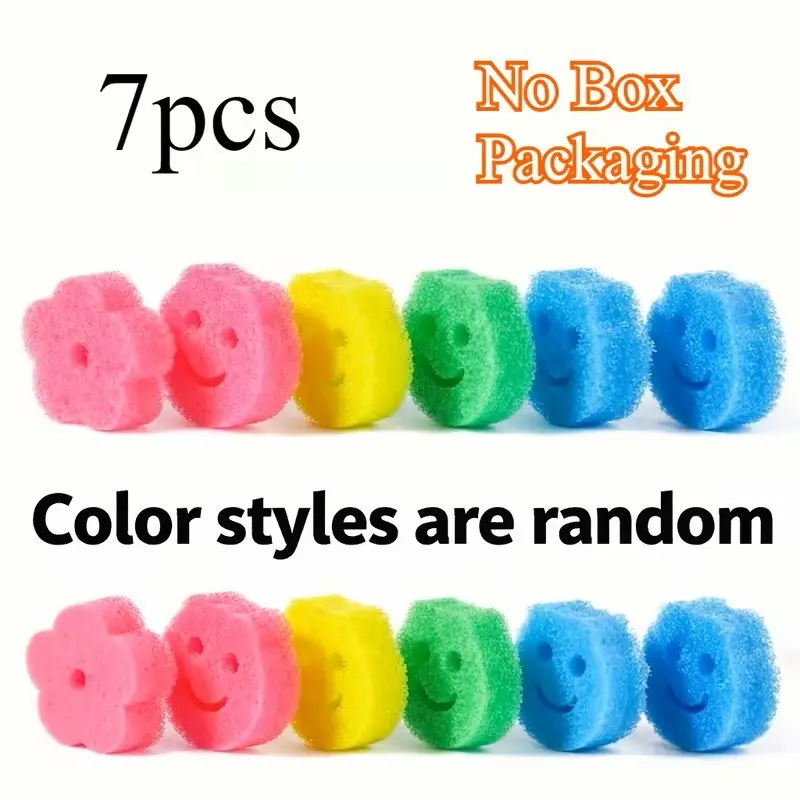 7-Piece Random Color Smile Household Cleaning Sponges, Thick High-Density Scrub Pads, Durable Multi-Functional Cleaners for Kitchen Bathroom Home