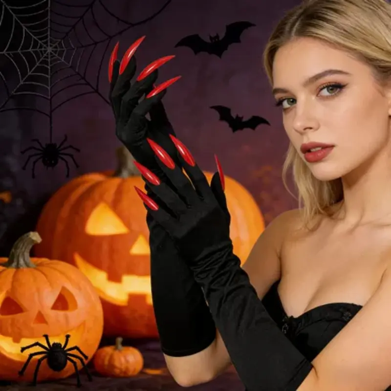 Punk Gothic Long Claw Vampire Gloves, Elastic Horror Devil Witch Long Nail Gloves, Halloween Cosplay Party Accessories