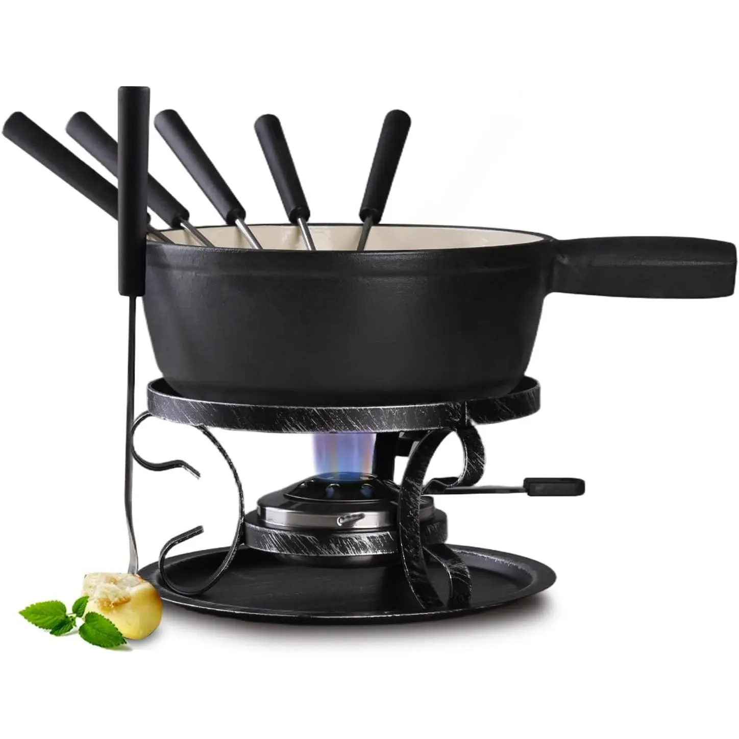 10-Piece Cast Iron Cheese Fondue Pot Set, 2.1 Qt Swiss-Style Fondue Set for 6 with Burner, Stand & 6 Forks, Black, for Chocolate, Broth & Dips