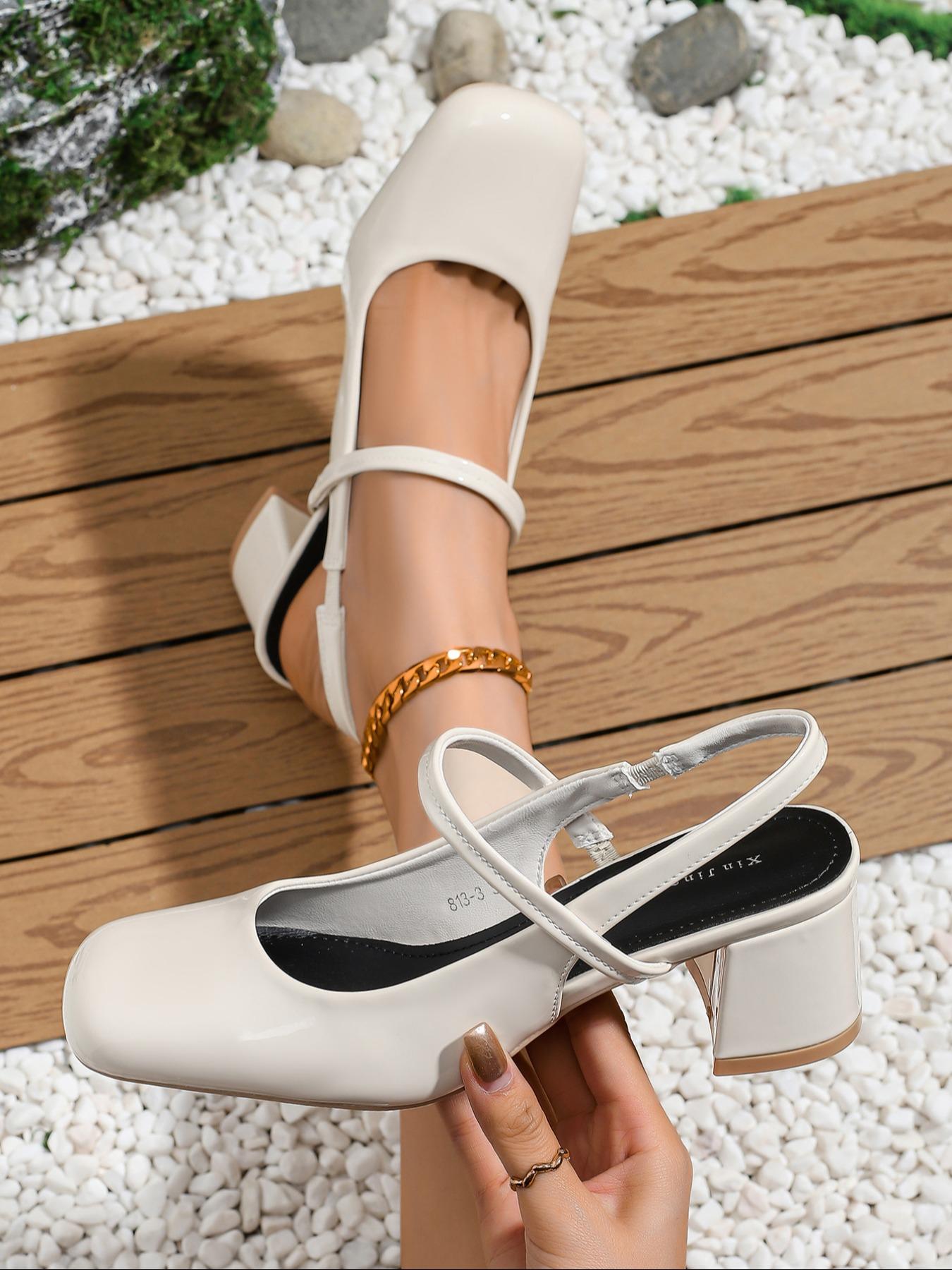 Women's Square Toe Ankle Strap Thick Heel Shoes, PU Leather Casual Fashion, All Season Comfortable Workwear Footwear