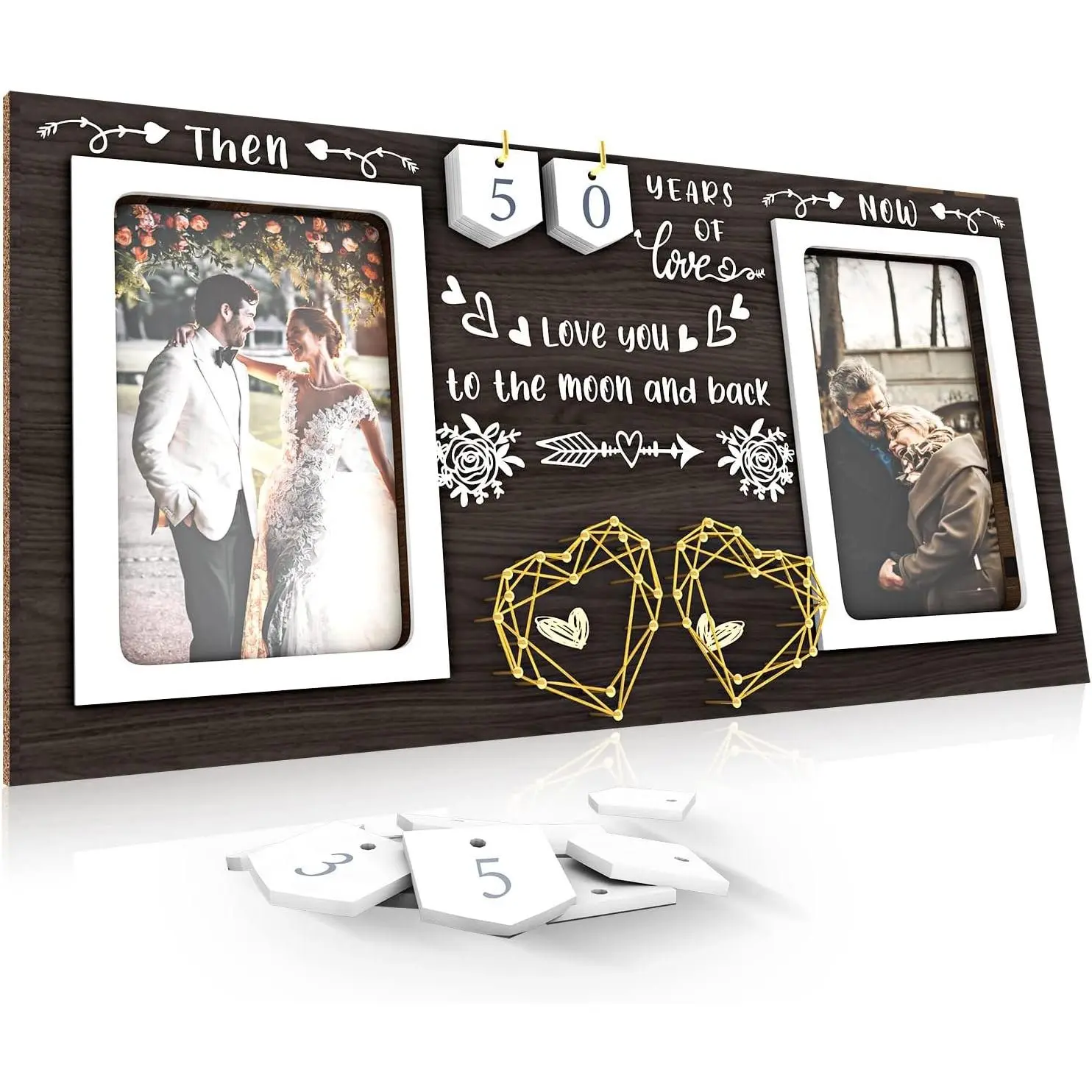Then & Now Anniversary Picture Frame - Wood Frame Holds Two 4x6 Inch Photos, Perfect Wedding, Engagement, Bridal Shower Gift for Couples Celebrating 1-99 Years AnniversaryGift