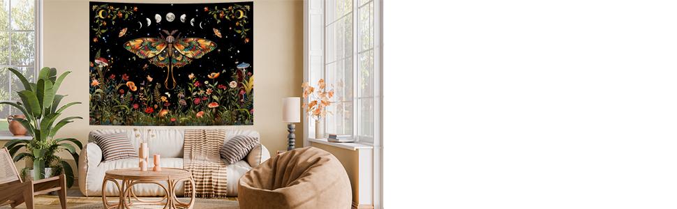 Orange Butterfly Tapestry Retro Floral Flower Tapestry Moon Phase Tapestry Aesthetic Vintage Boho Wall Tapestry Botanical Mushroom Tapestry Wall Hanging for Bedroom