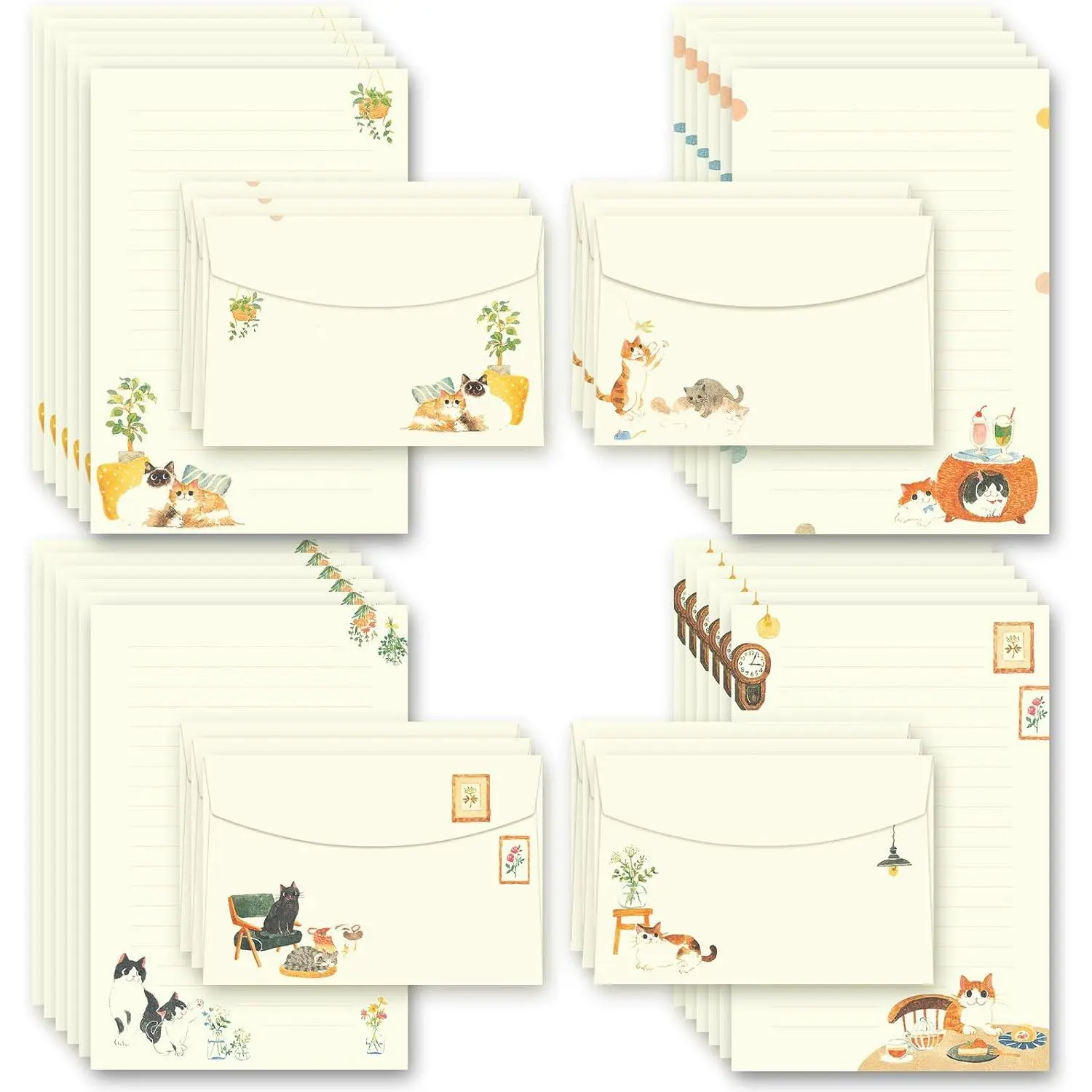 72 count Cute  Writing Paper and Envelopes, 8.3x5.6 Inch Stationery Set | 48 Lined Sheets & 24 Envelopes, Kitty Design for Letters, Invitations, Gifts, Holidays, Party Notes