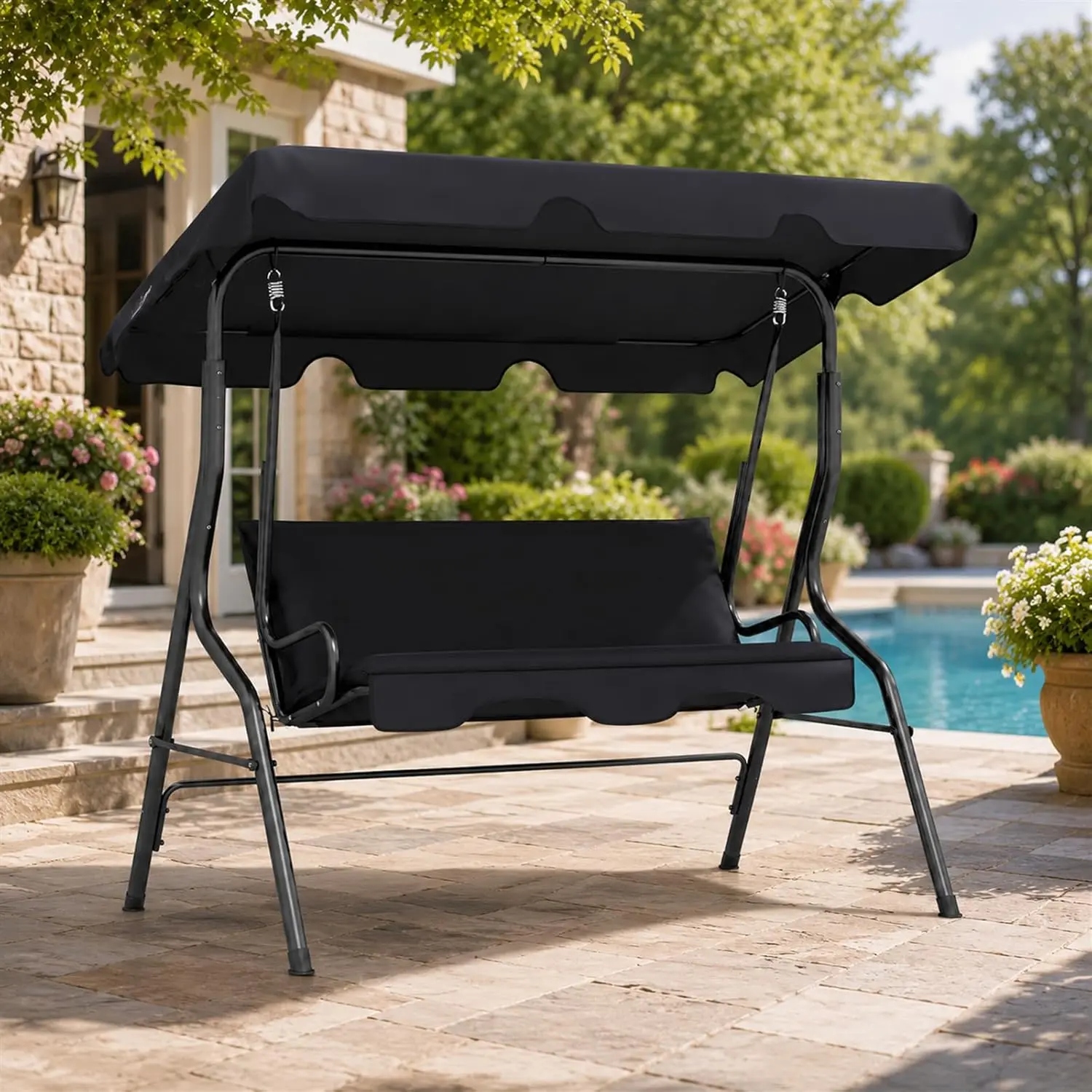3 Seat Outdoor Porch Swing with Adjustable Canopy, Patio Swing Chair with Stand, Metal Frame, Thick Cushions, Heavy-Duty Spring Hooks, UV & Waterproof, 500 lbs Capacity – Patio, Porch, Backyard
