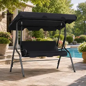 3 Seat Outdoor Porch Swing with Adjustable Canopy, Patio Swing Chair with Stand, Metal Frame, Thick Cushions, Heavy-Duty Spring Hooks, UV & Waterproof, 500 lbs Capacity – Patio, Porch, Backyard