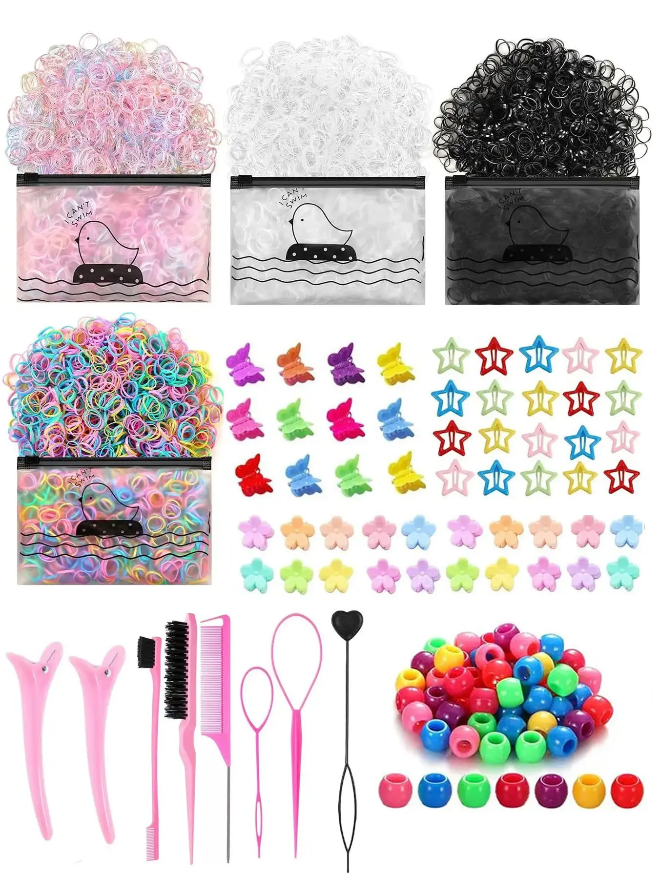 4110pcs Cute Hair Accessories for Toddler Baby Girl, 2000 Rubber Bands, 50 Braided Hair Beads, 52 Mini Clips, 7 Hair Styling Tools, Complete Hair Kit