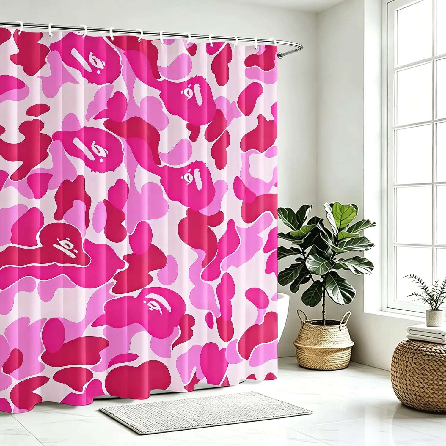 Light & Hot Pink Contrast Camo Pattern Waterproof Shower Curtain, Sweet Cool Street Style Bathroom Partition Curtain, Moisture-Proof Privacy Bath Decor Curtain for Home, Multiple Patterns Available