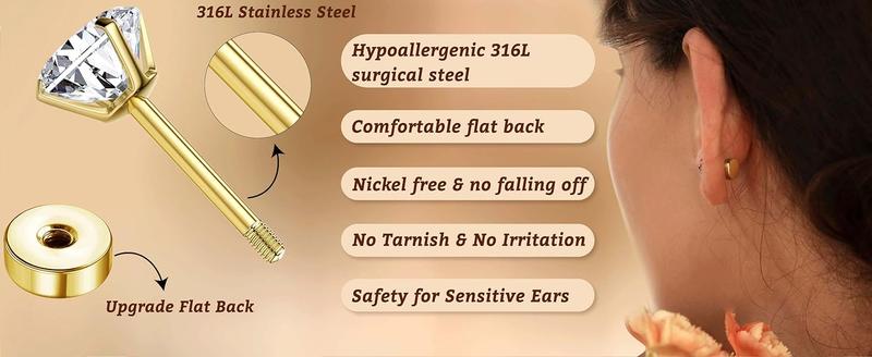 Jstyle Hypoallergenic Surgical Steel Earrings for Sensitive Ears Flat Back Stud Earrings for Women Small Stainless Steel Stud Hoop Screw Back Cartilage Earring Set for Multiple Piercing