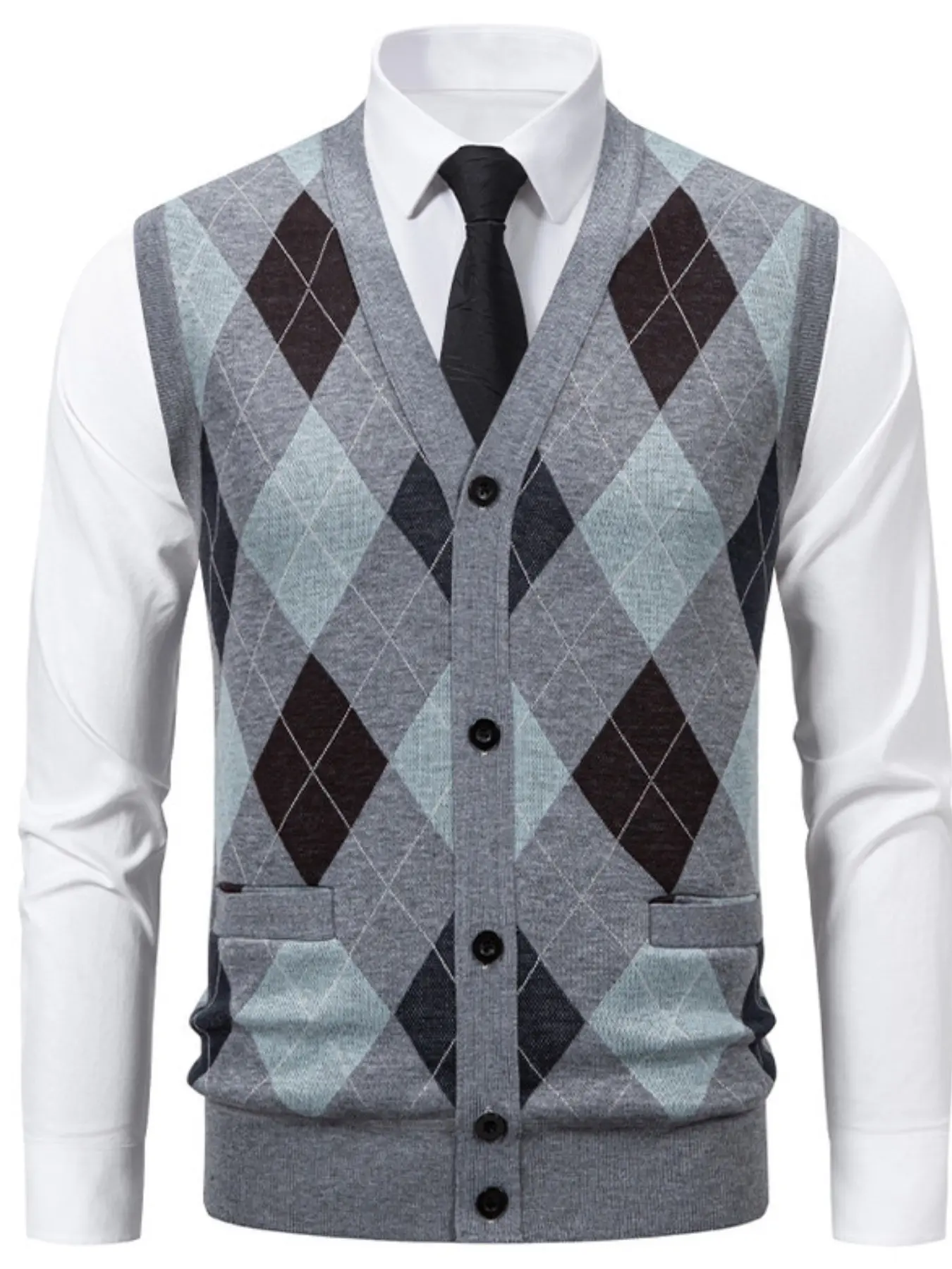 Men's Lined Knit Vest V Neck Sleeveless Button Down Cardigan Waistcoat, Thick Warm Soft Plaid Sweater Gilet With Pockets, Business Casual Layer Vest For Autumn Winter Daily Office Wedding Outfits