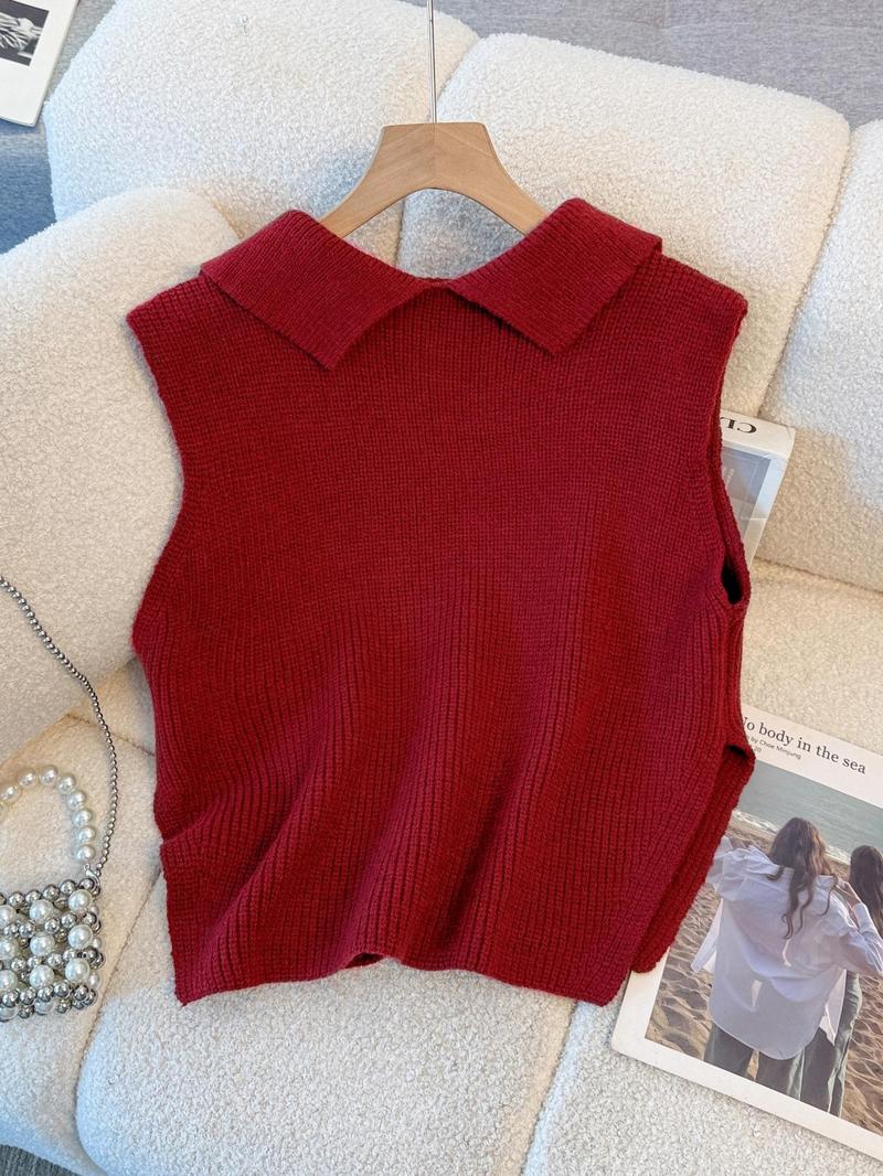Women's Plain Split Hem Sweater Vest, Casual Fitted Solid Collar Sleeveless Knitwear Top for Summer, Fashion Ladies' Collared Knit Clothing for Everyday Wear, Minimalist Basic Womenswear, Sleeveless Vests