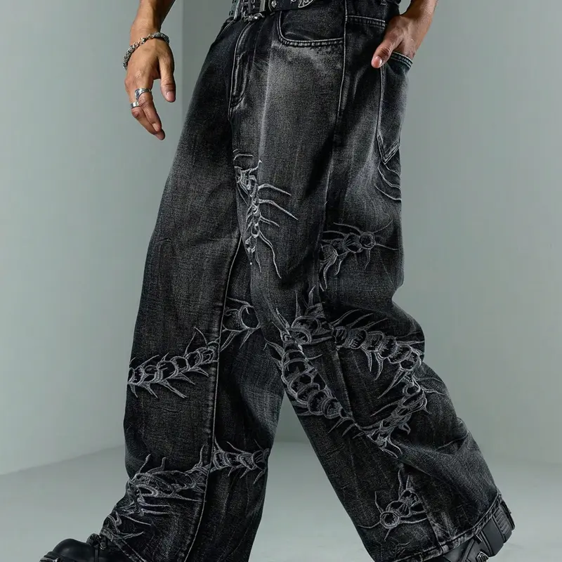 2026 New American Retro Vintage 3D Dragon Bone Embroidery Washed Jeans, Loose Fit Casual Straight Leg Long Pants for Men, All Seasons Fashion