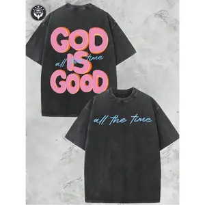 [100% Cotton] Vintage Christian T-Shirt, God Is Good All The Time Washed Black Cotton Oversized Short Sleeve Tee, Retro Faith Based Graphic Casual Crewneck Shirt for Believers