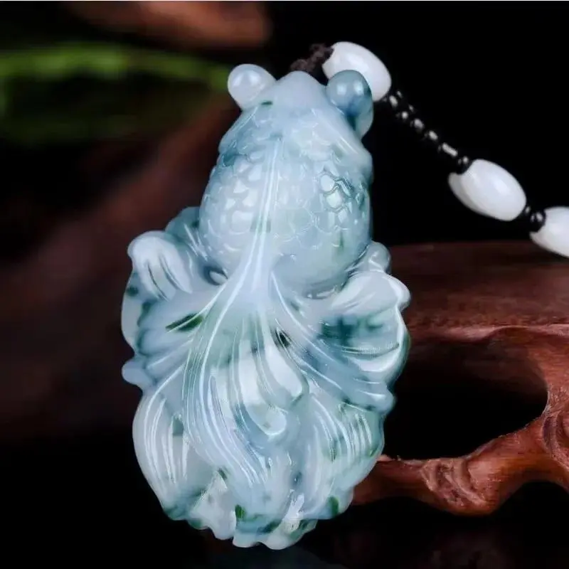 Natural Jade Light Blue Hand-Carved Goldfish Shape Pendant Necklace, Adjustable Rope, Unisex Fashion Boutique Jewelry, Ideal Gift