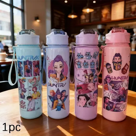 K-Pop Ghost Hunter Theme Totem Water Bottle with Lid and Straw, Reusable Water Bottles, Hard Plastic, 700ML Eco-Friendly, Perfect for School, Travel, Halloween Party