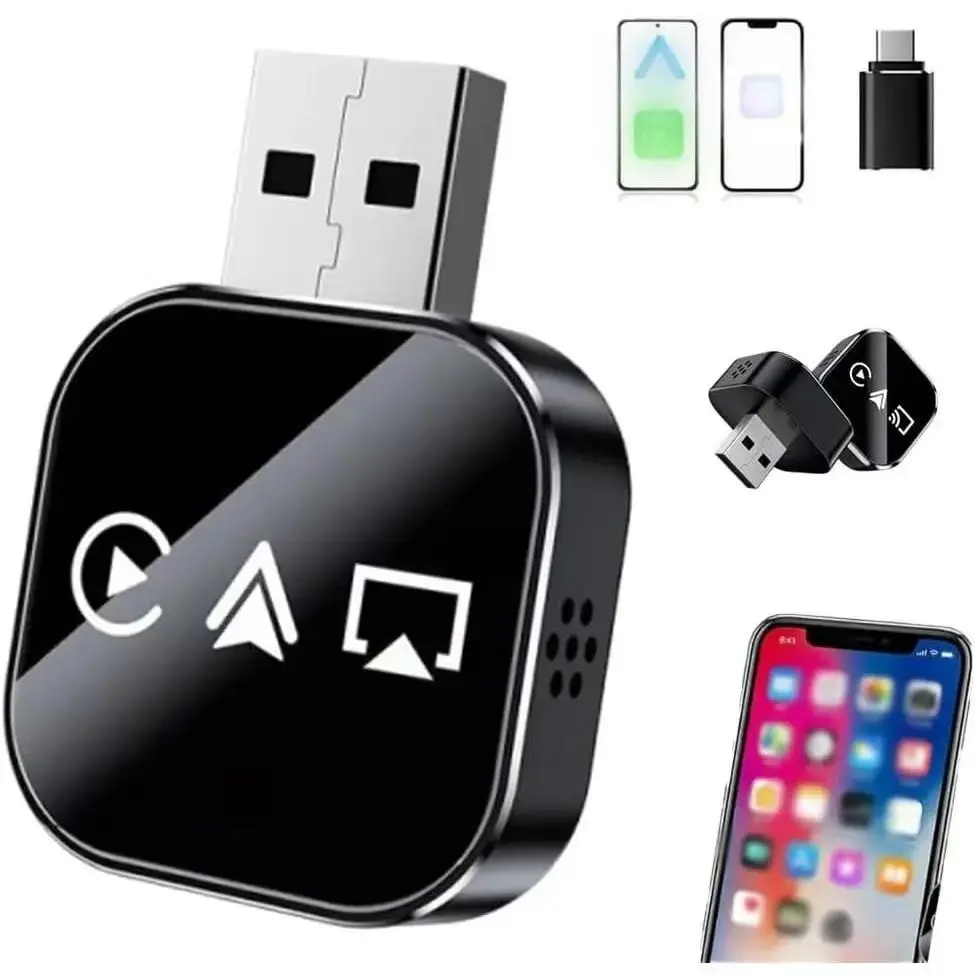 Three-In-One Wired to Wireless Carplay Adapter, Airplay Screen Mirroring, Plug-And-Play, Low Latency, Stable Signal, Compact Portable