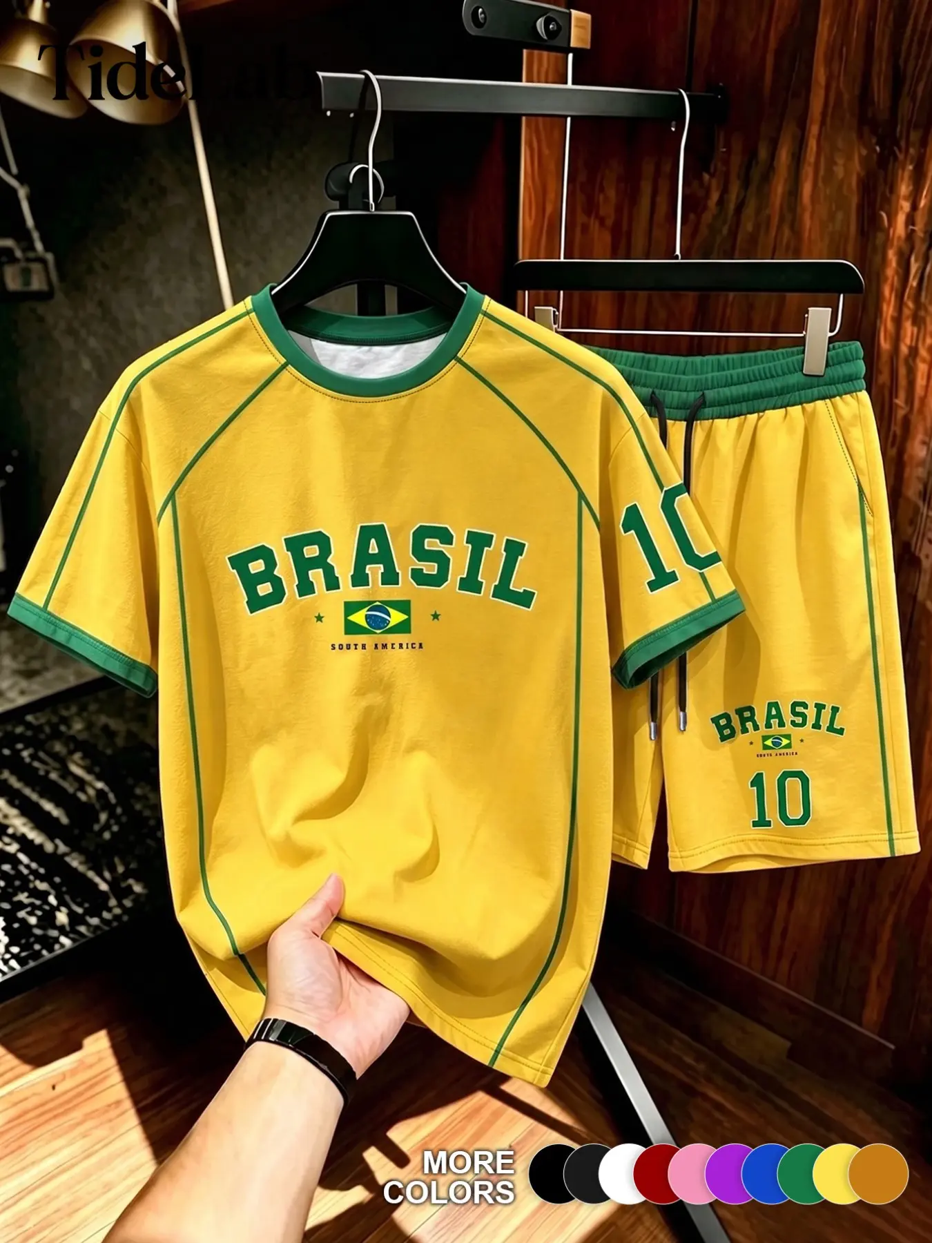 Unisex Retro Brazilian Flag Letter Print Sportswear Set, Casual Loose-Fit Suit, Plain Surface, No Zipper, Without Button, with Collar