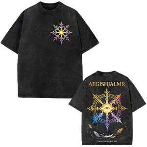 Aegishjalmr Helm of Awe Acid Wash Oversized Graphic Tee Men Norse Mythology Viking Rune Graphic Apparel Statement Outfit Vintage Washed Cotton T Shirt Gift For Him Dark Streetwear