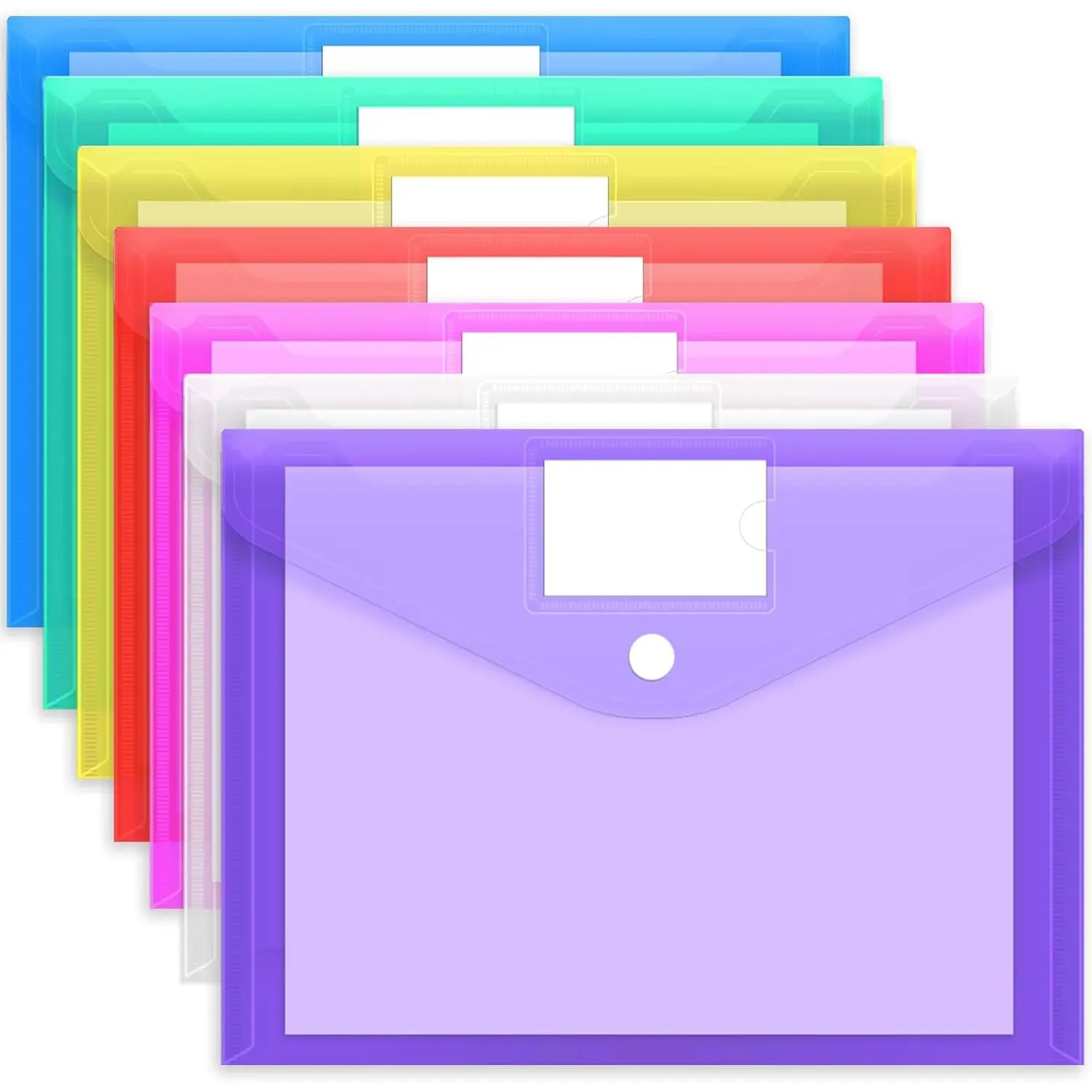 7 count Plastic Envelopes Poly Envelopes, Clear Document File Folders with Hook & Loop Closure, A4 Size with Label Pocket for School  Work Office Organization