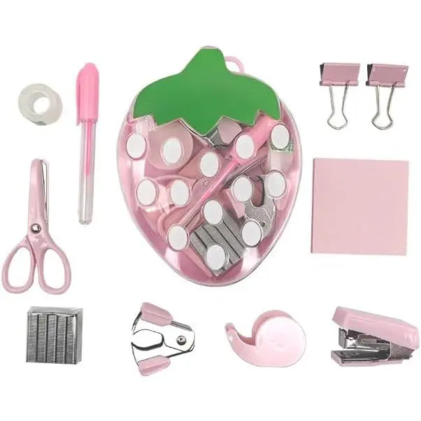 Strawberry Mini Office  Kit, , with Stapler, Tape Dispenser, , Hole Punch, Binder Clips, Sticky Notes and