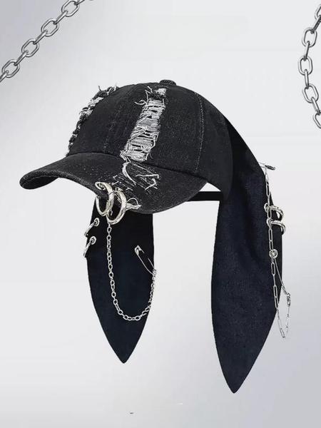 Unisex Wasteland Style Bunny Ear Baseball Cap, Adjustable Snapback Cap, Punk Denim Trucker Hat with Chain, Streetwear Hip Hop Costume for Halloween Party
