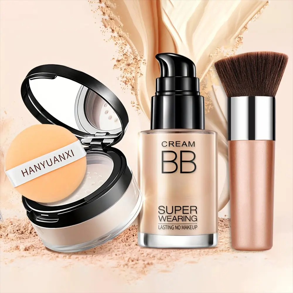 Flawless Face Makeup Kit- BB Cream & Makeup Powder & Brush, Includes Full Coverage Foundation, Moisturizing BB Cream, Waterproof Loose Setting Powder, Brush And Makeup Sponge, Hydrating Formula, Seamless Concealer, Longwear Holiday Cosmetic