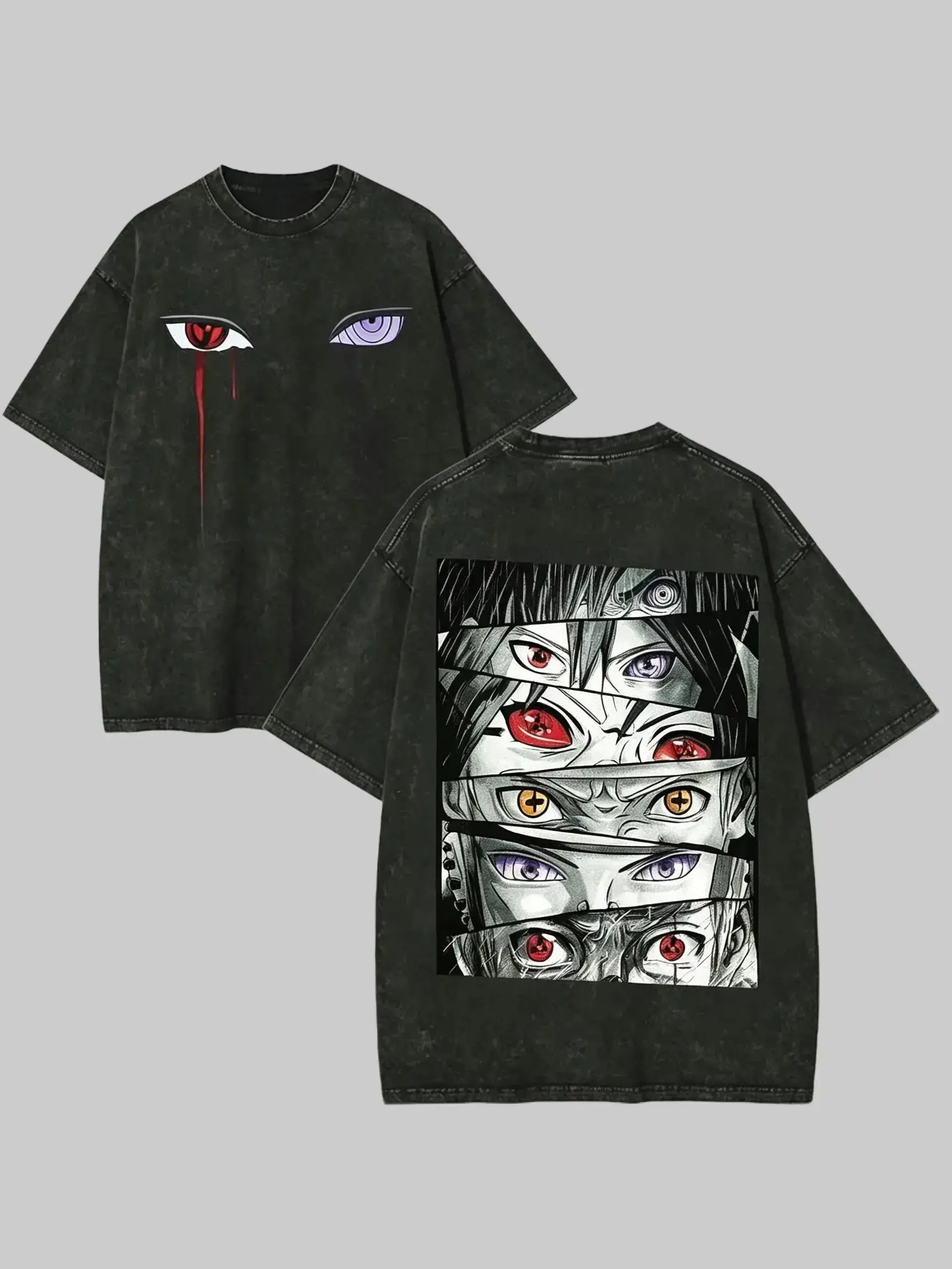 Washable Unisex T-shirt Naruto Sharingan Graphic Tee, Vintage Washed Heavyweight Cotton Top, Oversized Drop Shoulder, Casual Distressed Streetwear, Menswear, Oversized Graphic Tee, Men's T Shirts, Anime Merchandise, Graphic Print, Heavy Cotton