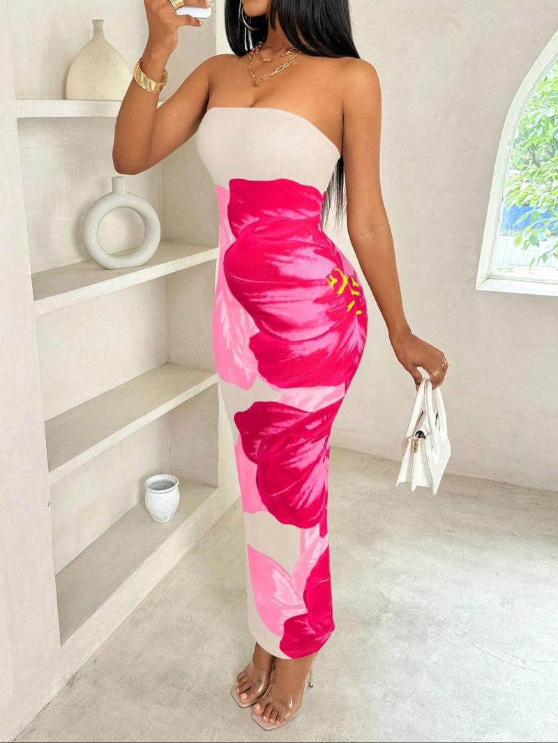 Women's Floral Print Strapless Bodycon Dress, Elegant Party Dress, Sexy High-Low Hem, Elastic Polyester Blend, Perfect for Valentine's Day, Parties, Weddings